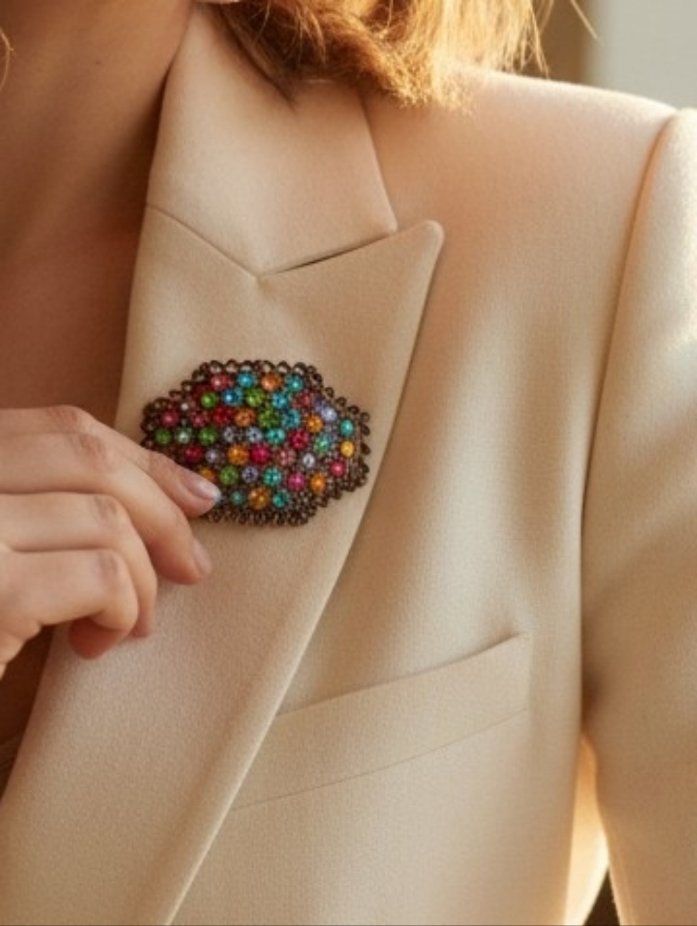 Multi-Color Pastel Rhinestone Crystals Large Vintage Filigree  Brooch